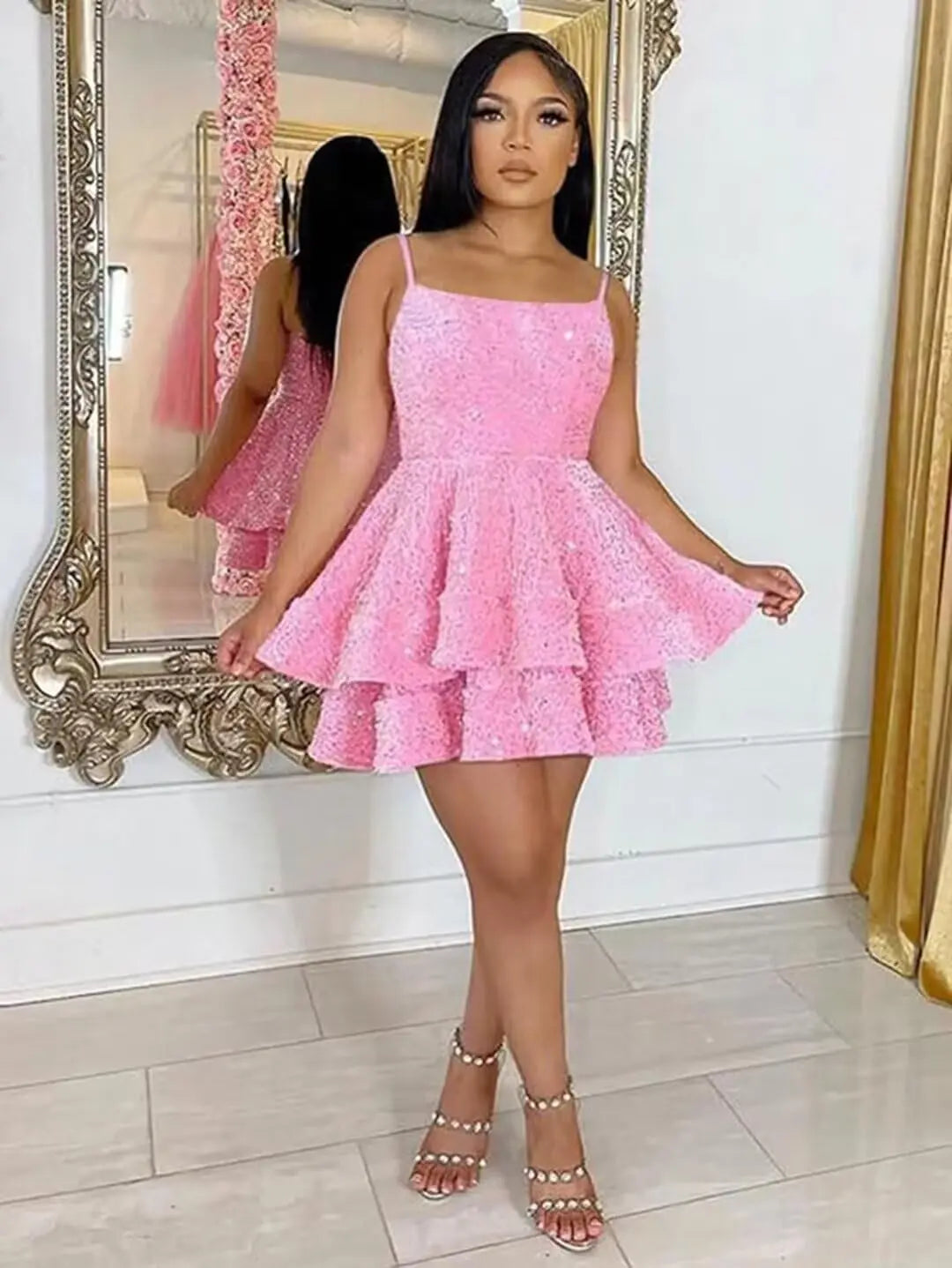 Kurze Pailletten-Heimkehrkleider für Teenager 2025, glitzernde Spaghettiträger, Sweet 16-Abschlussball-Cocktailkleid, Ballkleid, Partykleider 