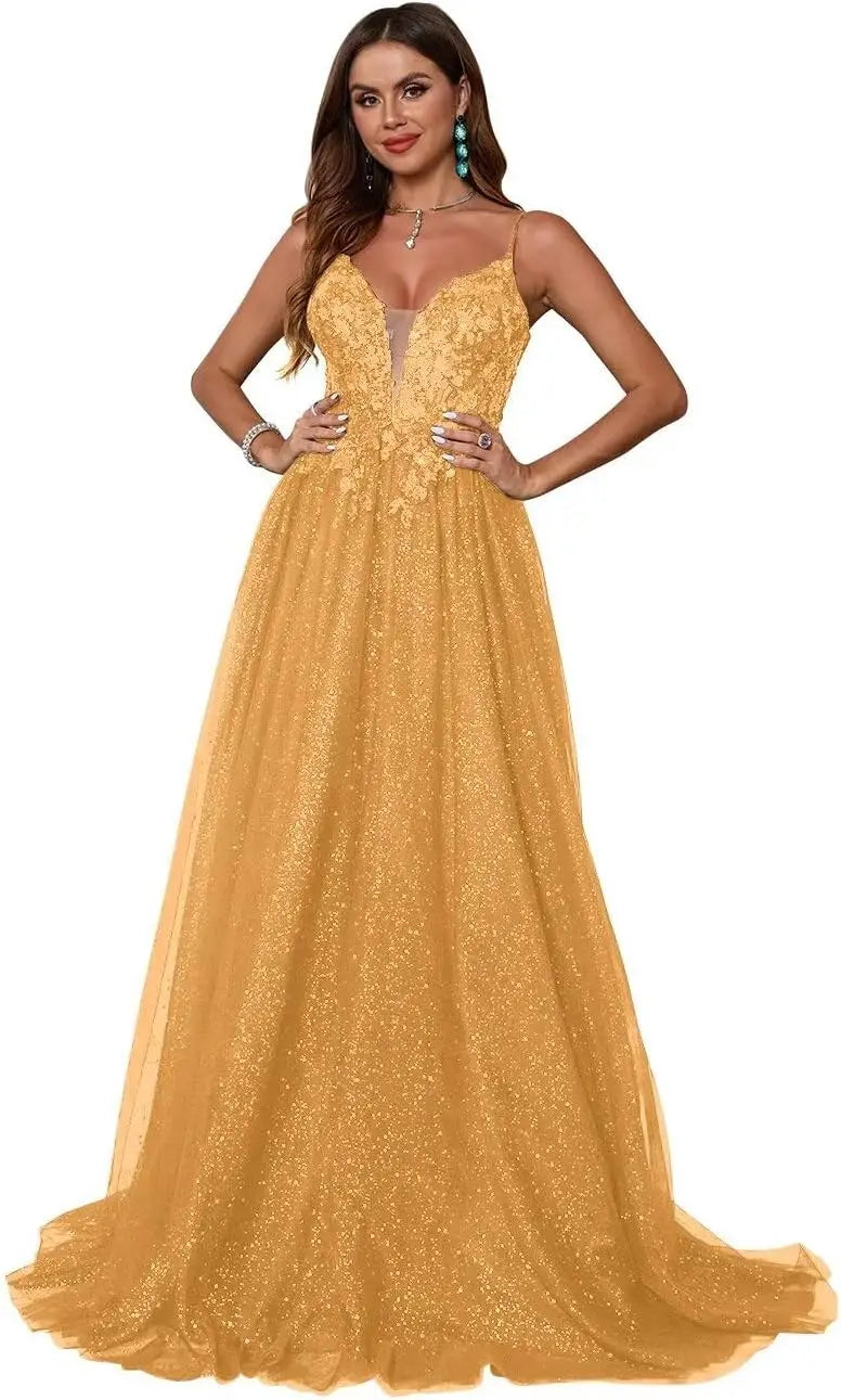 Glitzerndes Tüll-Ballkleid für Damen, Spaghettiträger, tiefer V-Ausschnitt, Spitzenapplikationen, Ballkleid, langes A-Linien-Abendkleid 