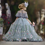 Flower Lace Appliques Girl Birthday Ball Gown First Holy Communion Gown Customized Lovely Flower Girl Dresses for Wedding