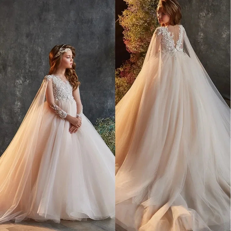 Vestidos de niña de las flores para boda, tul con cuentas, largo hasta el suelo, princesa, fiesta de cumpleaños infantil, vestido de primera comunión 