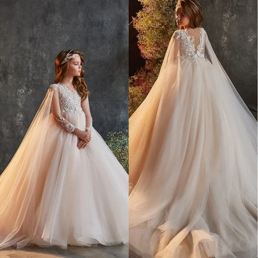 Vestidos de niña de las flores para boda, tul con cuentas, largo hasta el suelo, princesa, fiesta de cumpleaños infantil, vestido de primera comunión 