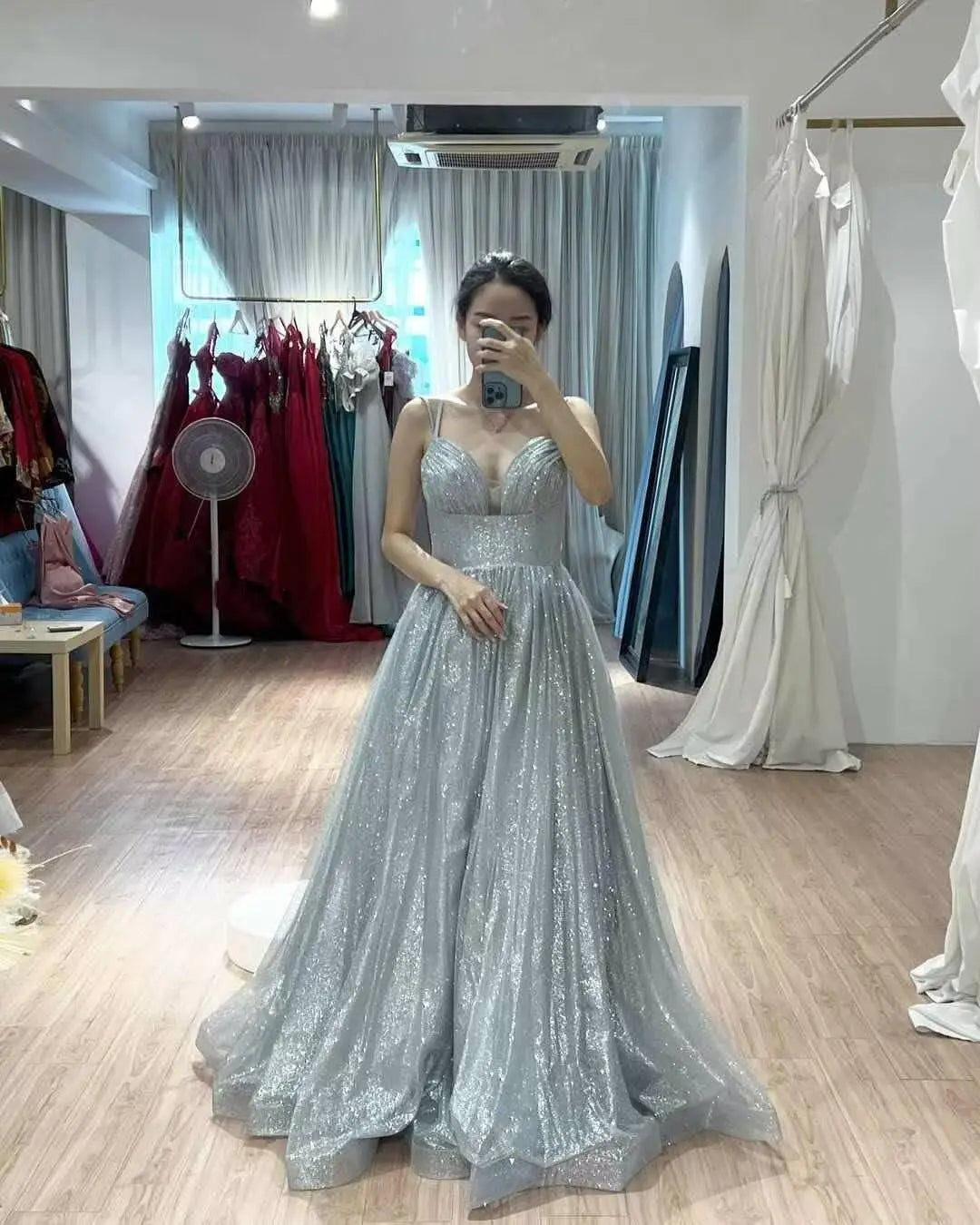 Vestido de fiesta de tul brillante con bolsillos, tirantes finos, corsé fruncido, largo, formal, para noche, vestidos de fiesta para mujer, noche 