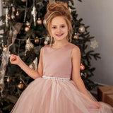 Vestido de princesa para fiesta de cumpleaños, banquete, de noche, para niña de las flores, de tul rosa polvoriento, con cinturón de perlas escalonado y lazo para boda 