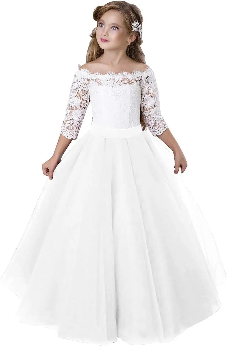 Blumenmädchenkleid Langarm Kinder Weiß Spitze Kinder Festzug Party Weihnachten Ballkleid Erstkommunion Kleider 