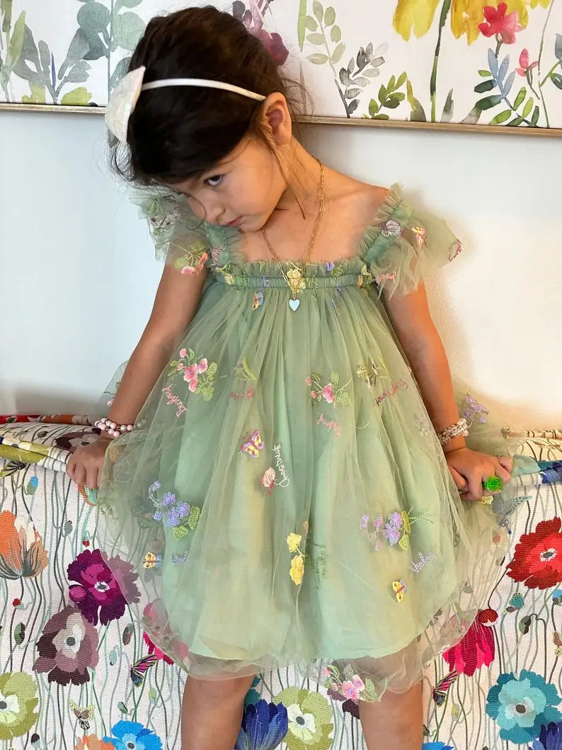 Vestido de tul con flores, vestido verde con flores, vestido para primer cumpleaños, vestidos de fotos para niñas pequeñas, vestido de princesa con mangas con volantes para niñas. 