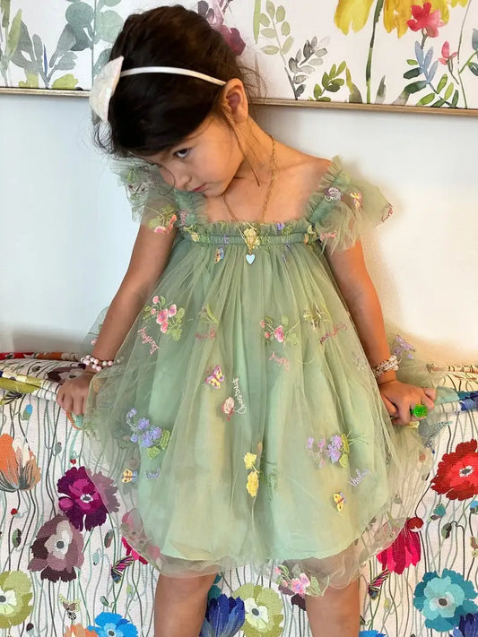 Vestido de tul con flores, vestido verde con flores, vestido para primer cumpleaños, vestidos de fotos para niñas pequeñas, vestido de princesa con mangas con volantes para niñas. 