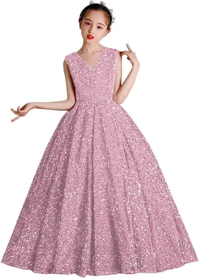 Vestidos de desfile con lentejuelas y cuello en V para niñas, vestidos de baile brillantes para niñas de las flores, vestidos de princesa para niñas pequeñas, vestido de comunión 