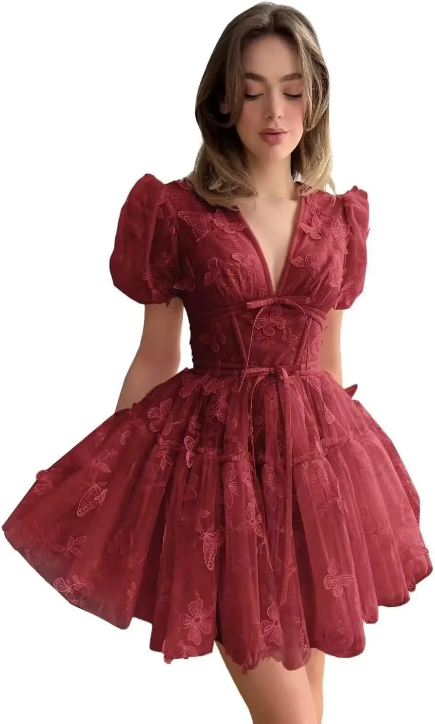 3D Butterfly Tulle Homecoming Dresses for Teens A-Line Short Sleeve Prom Cocktail Dress with Butterfly Appliques
