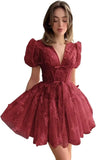 3D Butterfly Tulle Homecoming Dresses for Teens A-Line Short Sleeve Prom Cocktail Dress with Butterfly Appliques