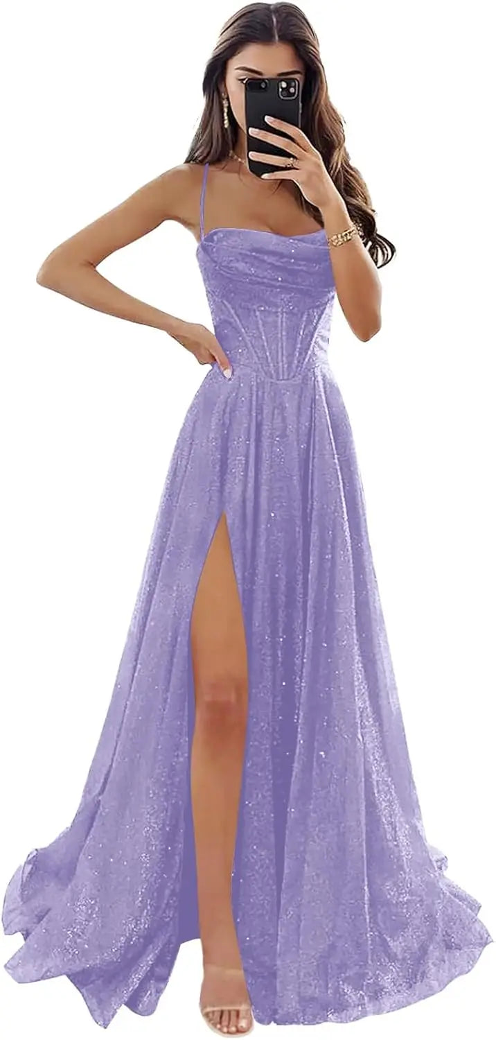 Damen Spaghettiträger Glitzer Tüll Ballkleider mit Schlitz Wasserfallausschnitt Langes formelles Abendkleid Partykleid 