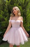 Vestidos de fiesta de tul brillante con hombros descubiertos, vestidos de fiesta cortos para adolescentes, vestido de cóctel de corte A con escote en forma de corazón y vuelo. 