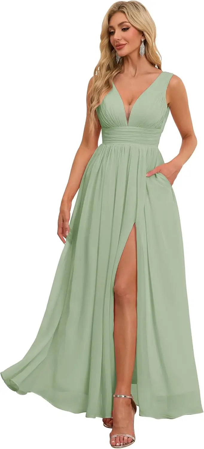 Vestidos de dama de honor con abertura y escote en V, vestidos de fiesta, línea A, plisados, para invitada de boda con bolsillos 