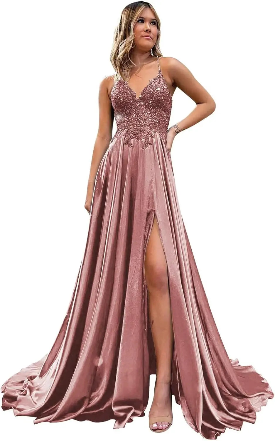 Spaghetti Strap Sequin Applique Prom Dresses with Slit A-Line Long Satin Sparkly Formal Evening Party Gowns party dress