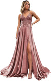 Spaghetti Strap Sequin Applique Prom Dresses with Slit A-Line Long Satin Sparkly Formal Evening Party Gowns party dress