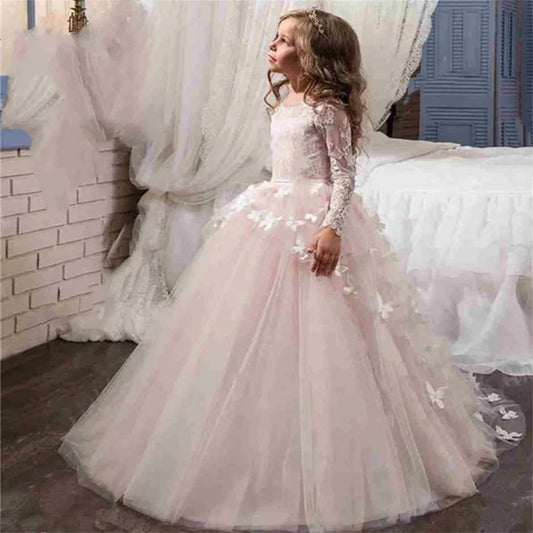 Blumenmädchenkleid mit Schmetterlings-Spitzenapplikationen, langärmelig, für Hochzeit, Geburtstag, Ballkleid, Erstkommunion, Festkleider 