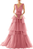 Vestidos de fiesta largos con escote en V doble para mujer, 2025, de tul escalonado, corte A, plisados, formales, para fiesta de noche. 