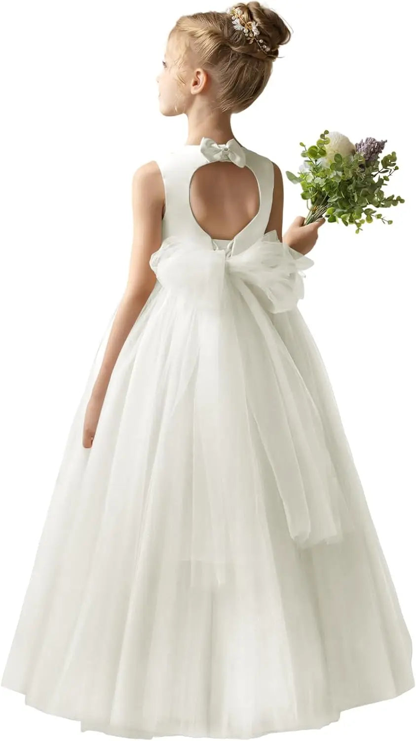 Flower Girl Dresses for Wedding Puffy Satin Tulle Princess Pageant Dress for Girls Crew Neck Tulle Bow Prom Ball Gowns