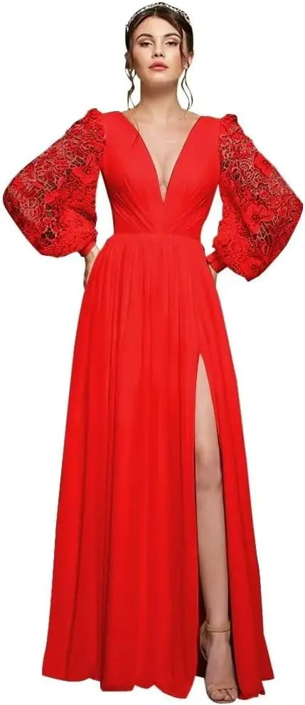 Langärmliges Brautjungfernkleid, Chiffon, Ballkleid, langes Hochzeitskleid mit Spitzenapplikation, V-Ausschnitt, formelle Kleider mit Schlitz 