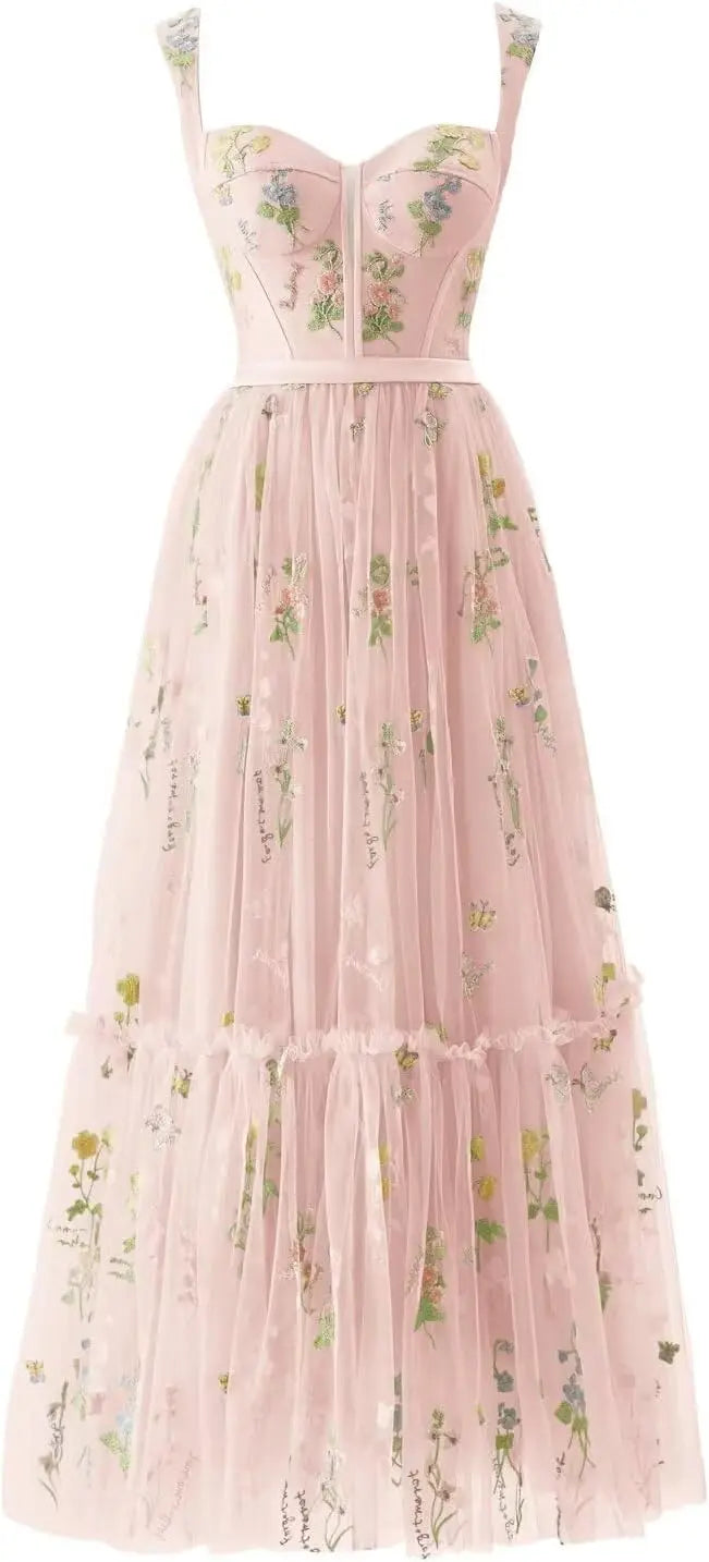 Custom Made Women's Flower Embroidery Tulle Prom Dresses Tea Length Corset A Line Fairy Formal Evening Party Gown Bridesmaid