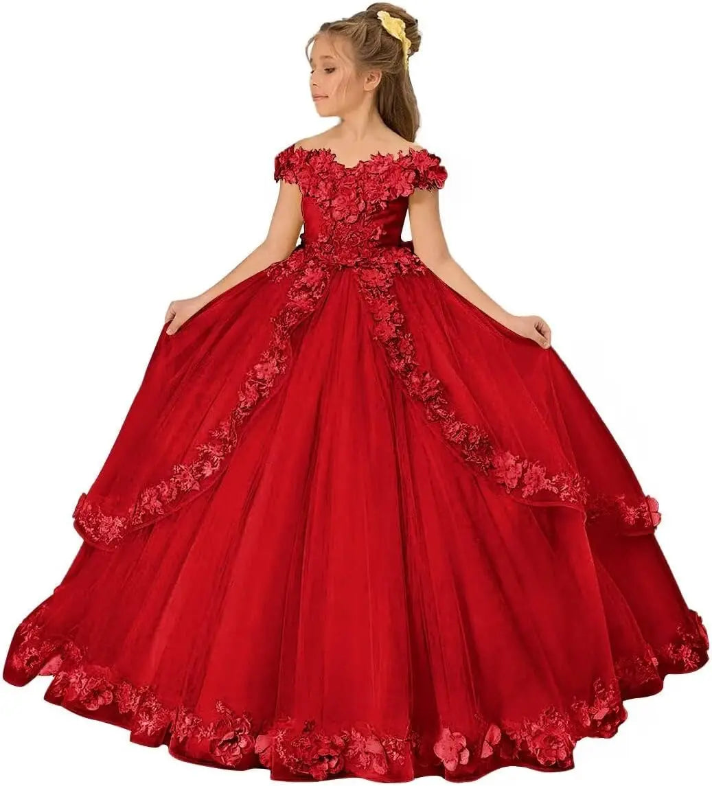 Vestido de tul para niña de las flores, para boda, con hombros descubiertos, para desfile, con flores 3D, estilo princesa, para fiesta 
