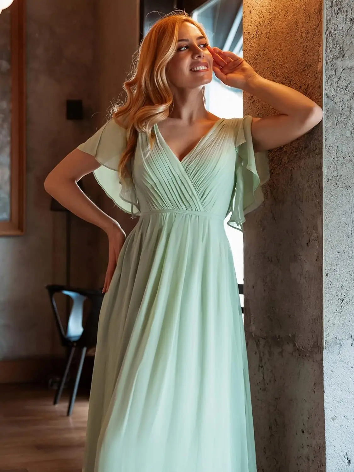 Vestido de dama de honor para mujer, escote en V, mangas con volantes, busto fruncido, largo hasta el suelo, de gasa, vestido formal para invitada de boda. 