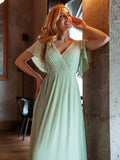 Vestido de dama de honor para mujer, escote en V, mangas con volantes, busto fruncido, largo hasta el suelo, de gasa, vestido formal para invitada de boda. 