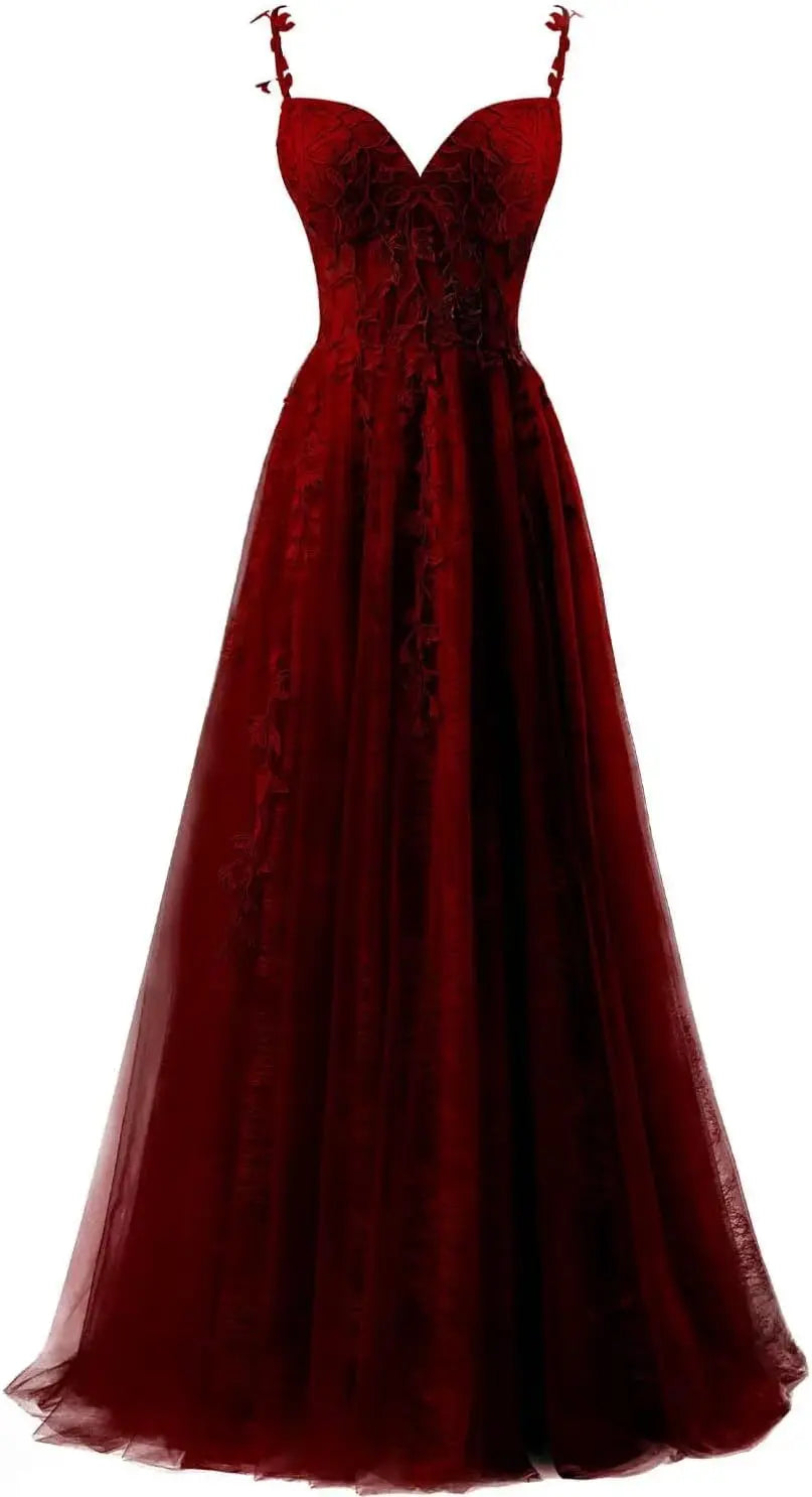 Lace Applique Tulle Prom Dresses for Women 2025 Spaghetti Straps Ball Gown Formal Evening Party Gown with Slit Wedding Party