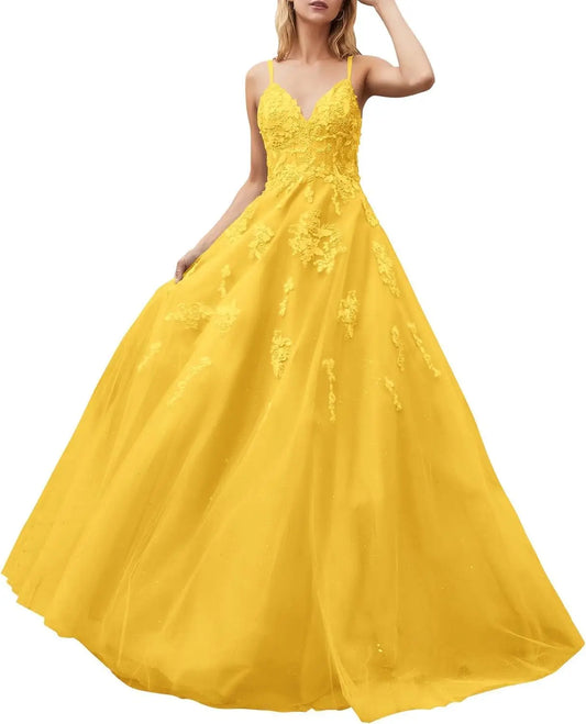 Vestidos de fiesta de tul brillante para adolescentes, con apliques de encaje y cuentas, vestidos largos de baile con tirantes finos, vestidos formales, vestido de novia sencillo. 