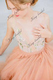 Volles A-Linien-Brautkleid, handbesticktes Tüll-Volant-Brautkleid mit V-Ausschnitt/transparentem Rücken, Brautkleid 