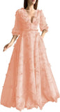 Damen Ballkleid mit Puffärmeln, 3D-Schmetterling, langer V-Ausschnitt, Tüll, Ballkleid, formelles Abendkleid 