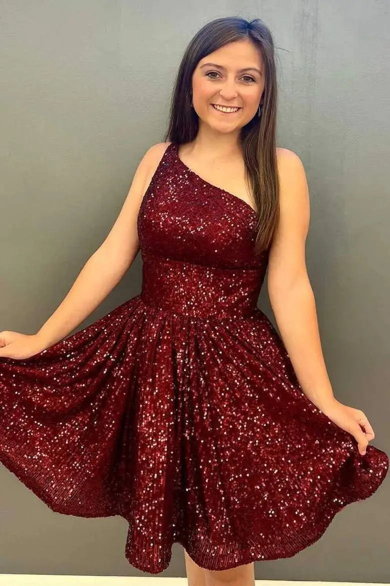 Vestido de fiesta corto con lentejuelas y un hombro brillante para mujeres y niñas. 