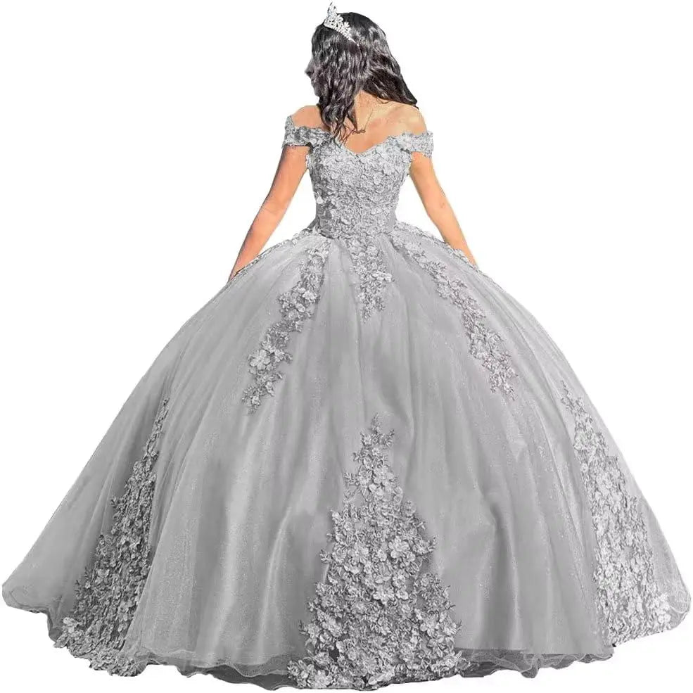 Luxury Off Shoulder Quinceanera Dresses Puffy Floral Lace Beaded Prom Dresses Sweet 15 16 Ball Gown with Train Quinceanera Gowns