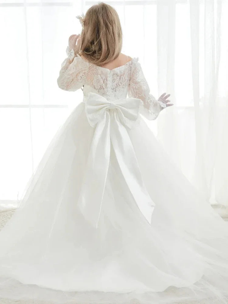 Birthday Party Holy Communion Gowns Flower Girl Dresses White Tulle Rose Appliques With Trailing And Bow Long Sleeve For Wedding