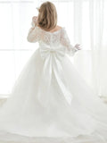 Birthday Party Holy Communion Gowns Flower Girl Dresses White Tulle Rose Appliques With Trailing And Bow Long Sleeve For Wedding