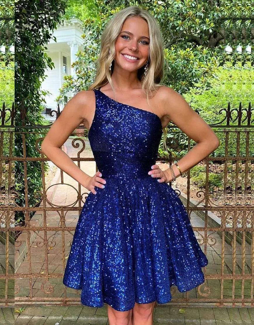 Vestido de fiesta corto con lentejuelas y un hombro brillante para mujeres y niñas. 
