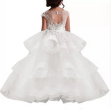 Vestidos de tul rosa con apliques blancos escalonados y sin mangas para bodas, fiestas de cumpleaños, primera comunión y niñas de las flores. 