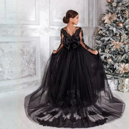 Apliques de encaje de tul de longitud completa para niña, vestido de fiesta de cumpleaños para niña, vestidos de primera comunión, vestidos negros para niña de las flores para boda 