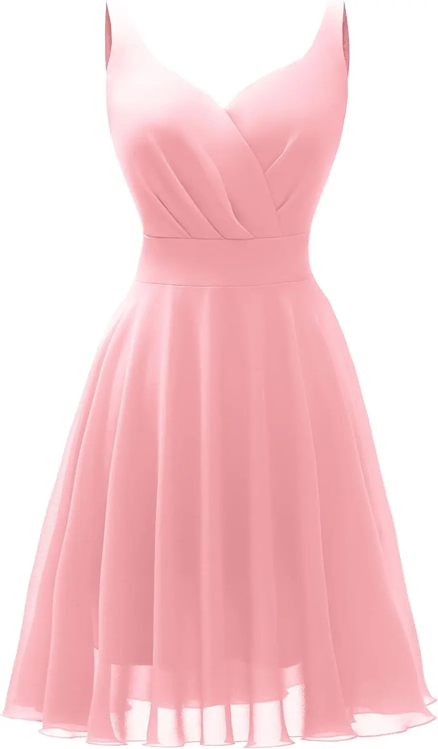 Dressever Sommer-Cocktailkleid mit V-Ausschnitt, verstellbaren Spaghettiträgern, Chiffon, Sommerkleid, Partykleider, kurzes Ballkleid 