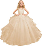 Tüll Prinzessin Ärmellose Festzugskleider Lange Spitze Applique Blumenmädchen Kleid Kinder Geburtstagsparty Ballkleid Festzugskleider 