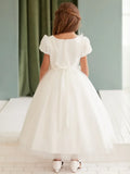Birthday Party Holy Communion Gowns Customized Flower Girl Dresses Ivory Flowers Appliques With Bow Short Sleeve  For Wedding