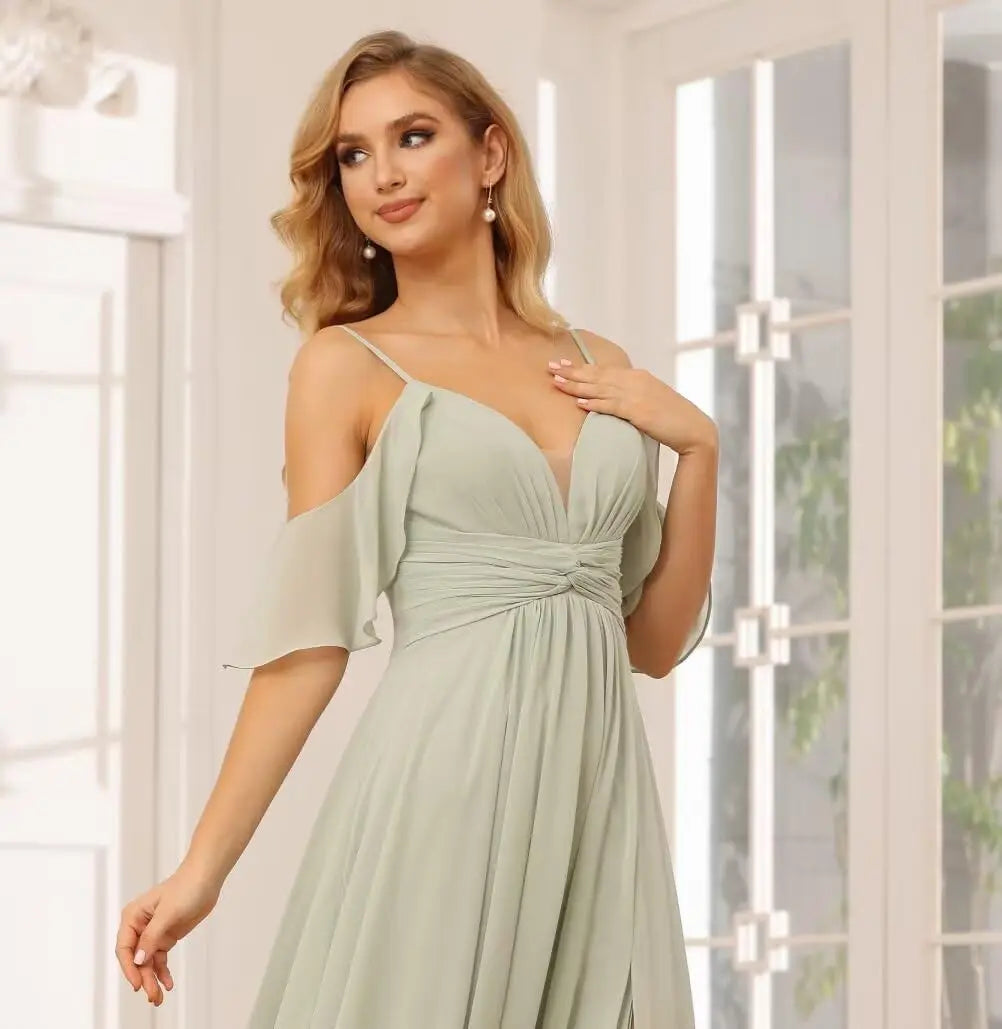 Women's Off Shoulder Chiffon Junior Bridesmaid Dresses Short Pockets Ruffle A Line Formal Dresses with Slit Wedding Party Gown