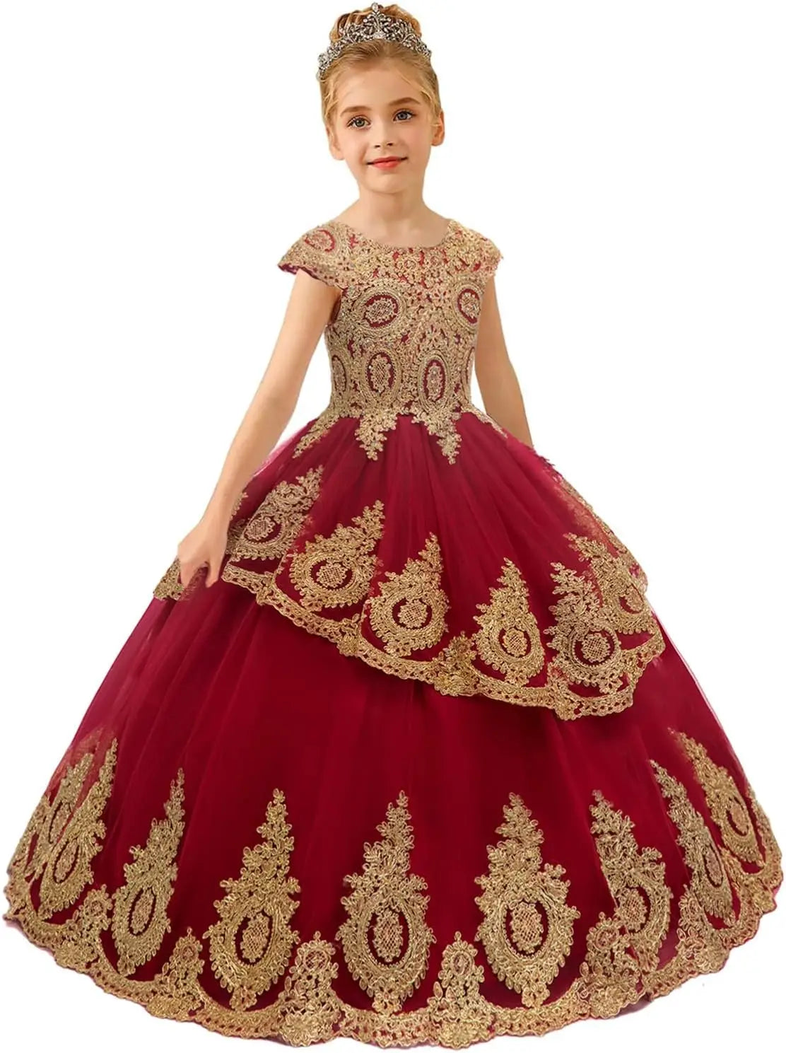 Perlenbesetzte Spitzenapplikationen Blumenmädchenkleid Erstkommunion Ballkleid Kinder Festzug Ballkleider Prinzessinnenkleid 