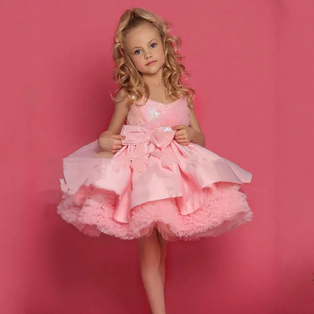 Sequins Knee Length Kids Little Bride Evening Party First Communion Ball Gowns Pink Satin Flower Girl Dresses for Weddings