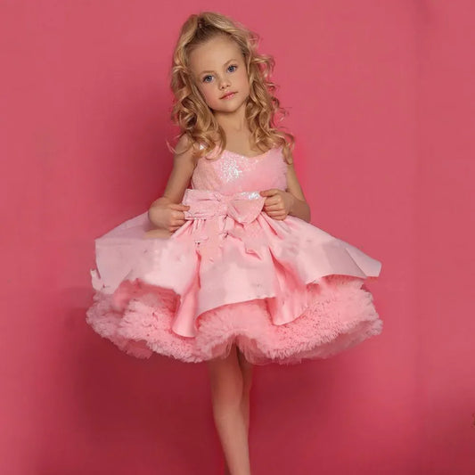 Sequins Knee Length Kids Little Bride Evening Party First Communion Ball Gowns Pink Satin Flower Girl Dresses for Weddings