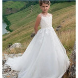 Langes elfenbeinfarbenes Blumenmädchenkleid, bodenlanges Kinderkleid, Spitzen-Tüllrock, Erstkommunionkleid, Ballkleid mit Applikationen 