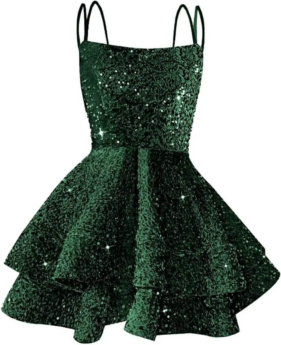 Hübsches, funkelndes Pailletten-Heimkehrkleid für Teenager, kurzes, gestuftes Ballkleid mit quadratischem Ausschnitt und A-Linie, Cocktail-Club-Partykleid 