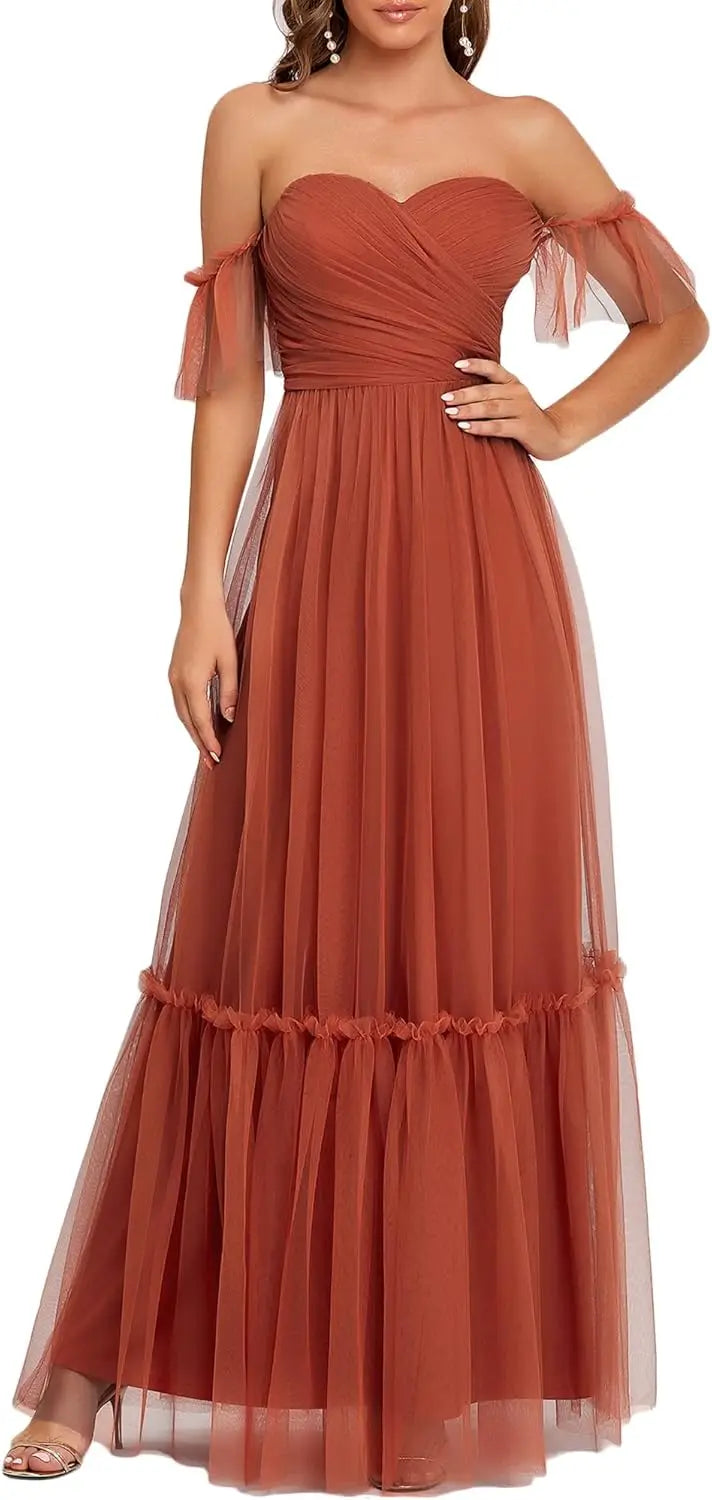 Women's Formal Dress Sweetheart Off-Shoulder Ruched Tulle Maxi Bridesmaid Dresses elegant dress women for wedding party