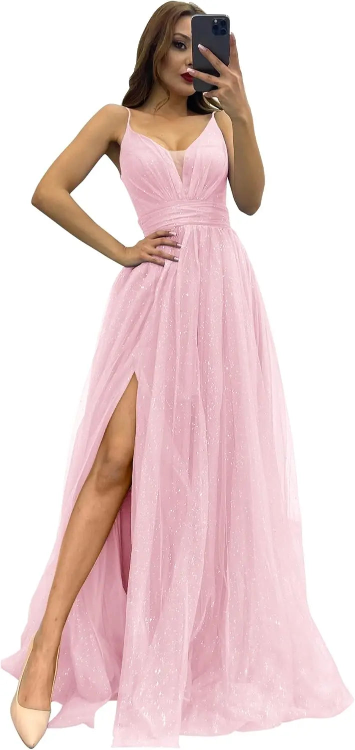 2025 Sparkly Tulle Formal Prom Dress Pleated A-Line Ball Gown with Spaghetti Straps Slit for Women Evening Dresses