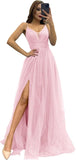 2025 Sparkly Tulle Formal Prom Dress Pleated A-Line Ball Gown with Spaghetti Straps Slit for Women Evening Dresses