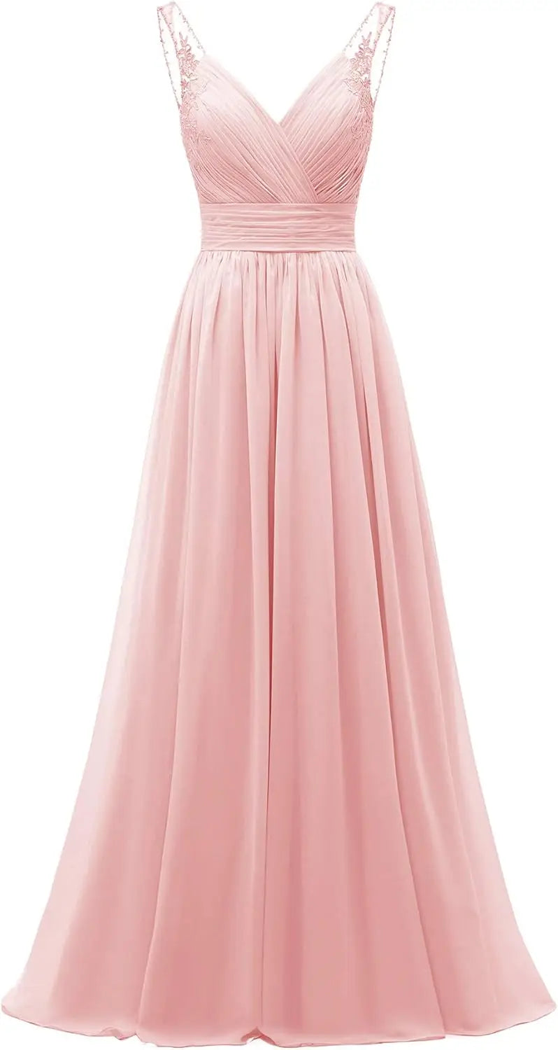 Chiffon-Spitze Brautjungfernkleider lang für Damen V-Ausschnitt Plissee Tüll Träger A-Linie Abschlussball Abend Hochzeit formelle Kleider 
